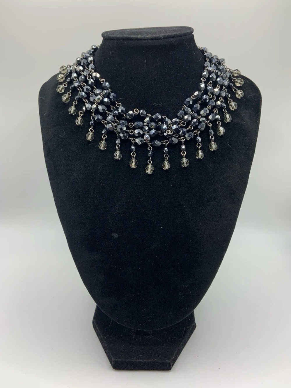 Faceted Metallic Black And Smokey Glass Beaded Choker Necklace